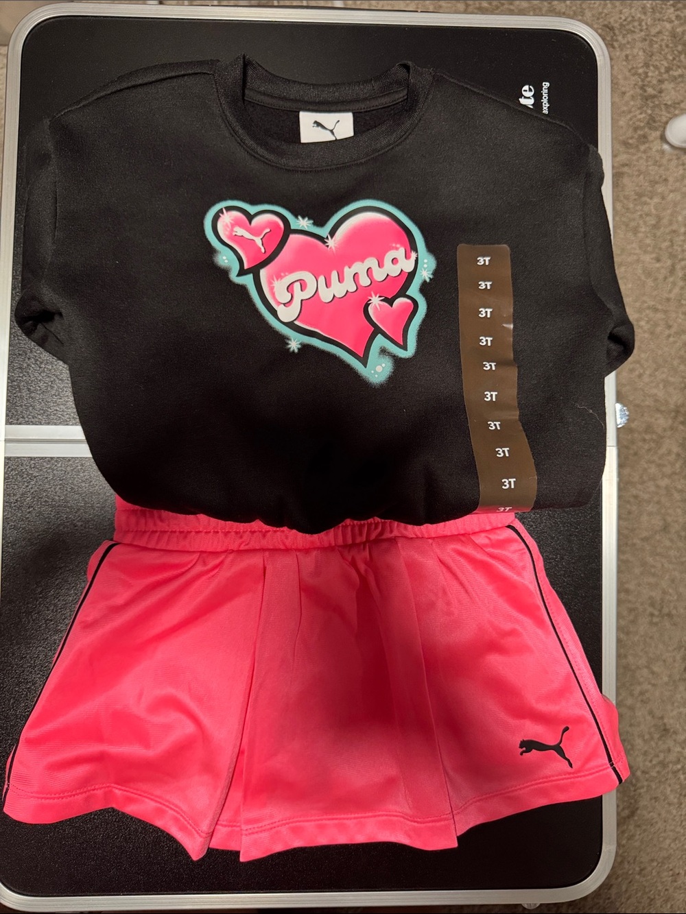 Puma Black Sweatshirt with Pink Heart Graphic & Bright Pink Shorts